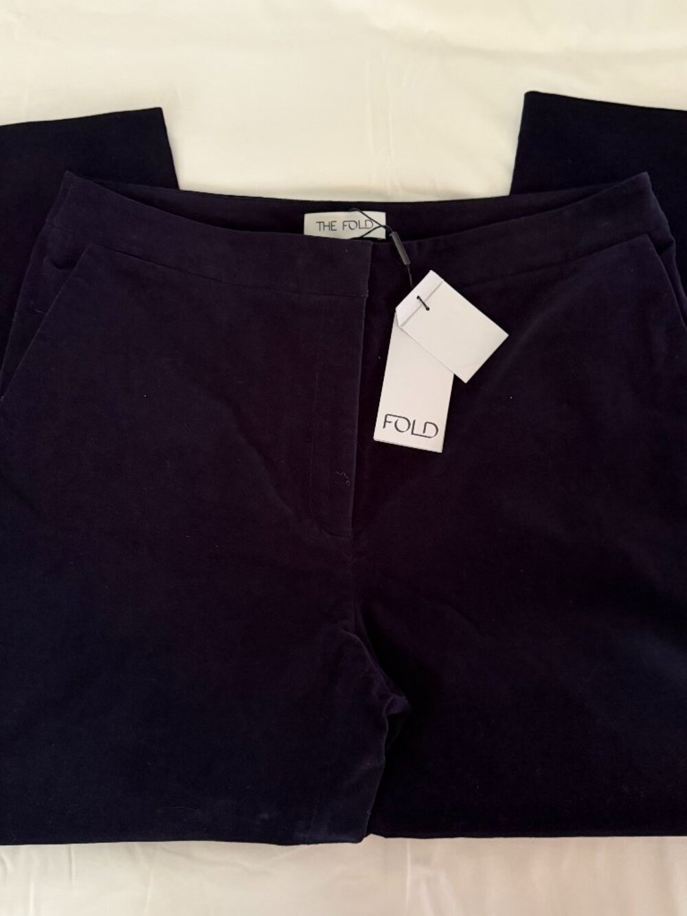 The Fold London Iver Trousers Ink Blue Stretch Velvet Size UK 16 US 12 NWT